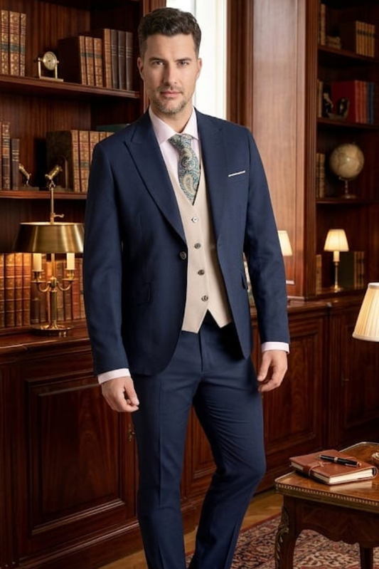 Fato Slim Fit Azul-Marinho com Colete Bege